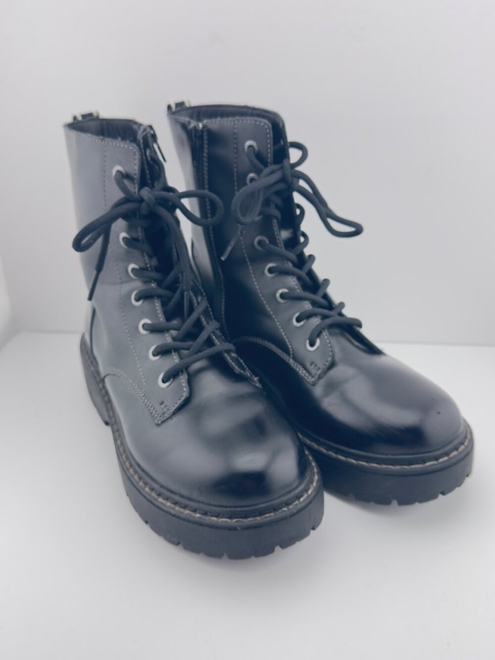 SKECHERS Ankle Combat Black Glossy Women's Boots, Memory Foam SN44381 Size 8